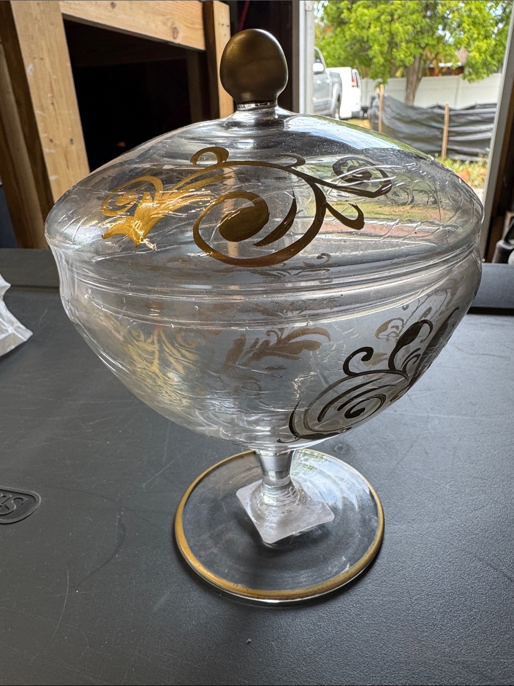 Glass Covered Compote with Gold Scroll Accents